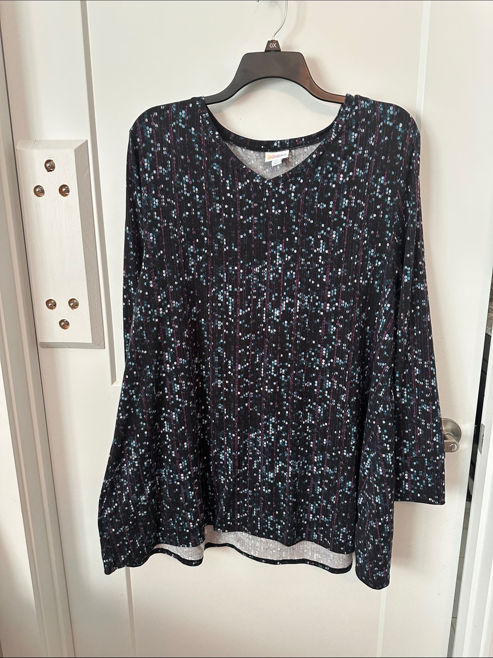 LuLaRoe Black V-Neck Tunic with Blue Dot Print